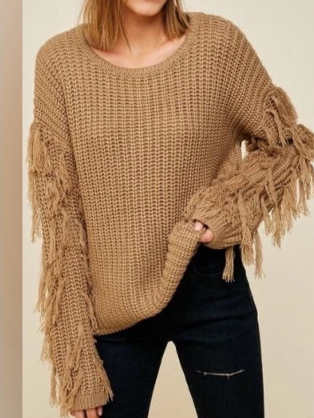 Hayden Camel Fringe-Sleeve Scoop Neck Sweater